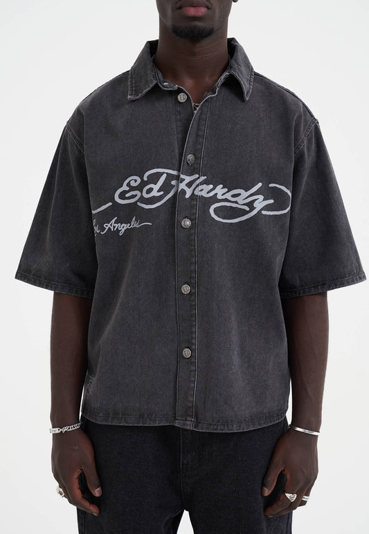 Mens Eagle And Stars Relaxed Denim Shirt - Black