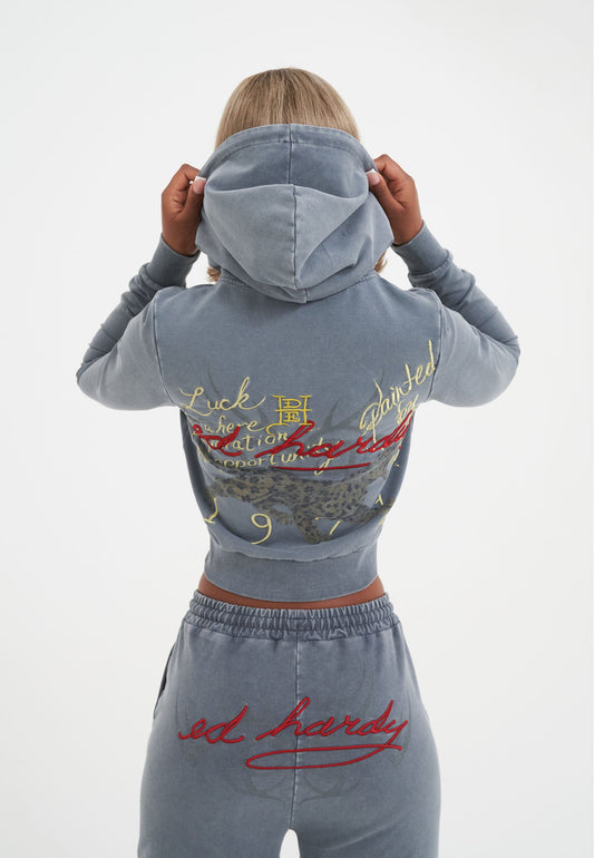 Womens Flaming Tiger Cropped Zip Thru Hoodie - Charcoal