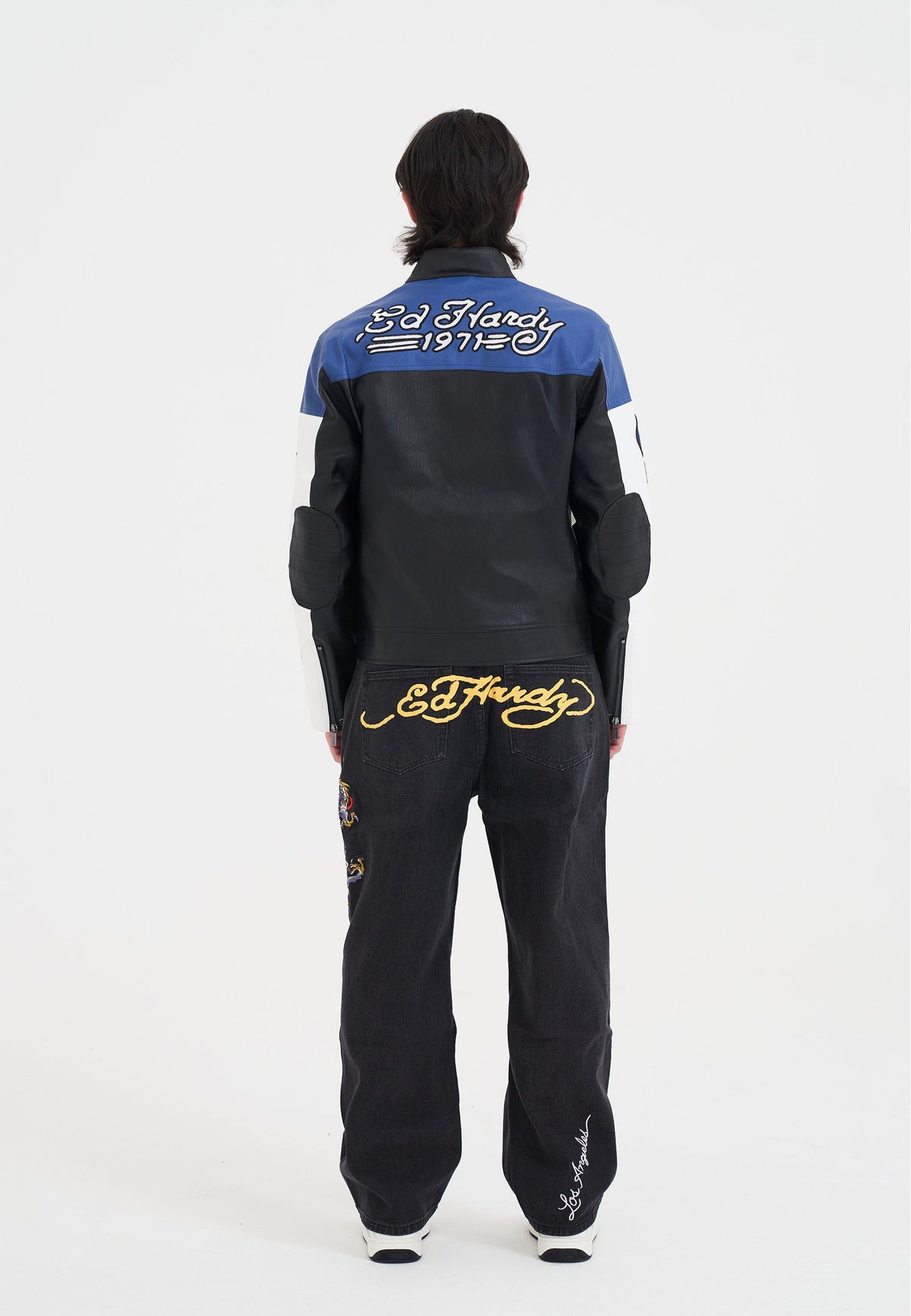 Mens Battle-Dragon Tattoo Denim Trousers Baggy Jeans - Black