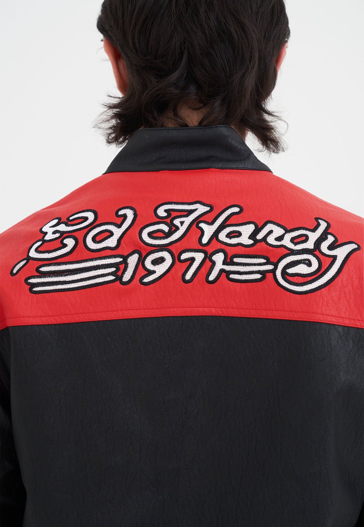Mens ED-1971 Moto Biker Jacket- Black/Red/White