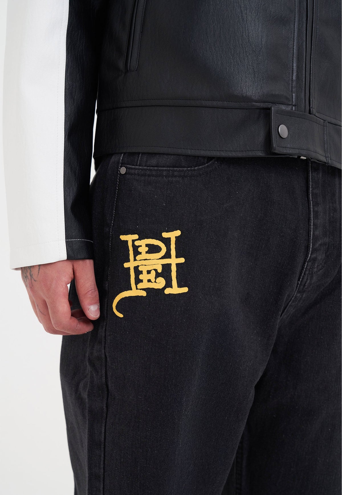 Mens Battle-Dragon Tattoo Denim Trousers Baggy Jeans - Black