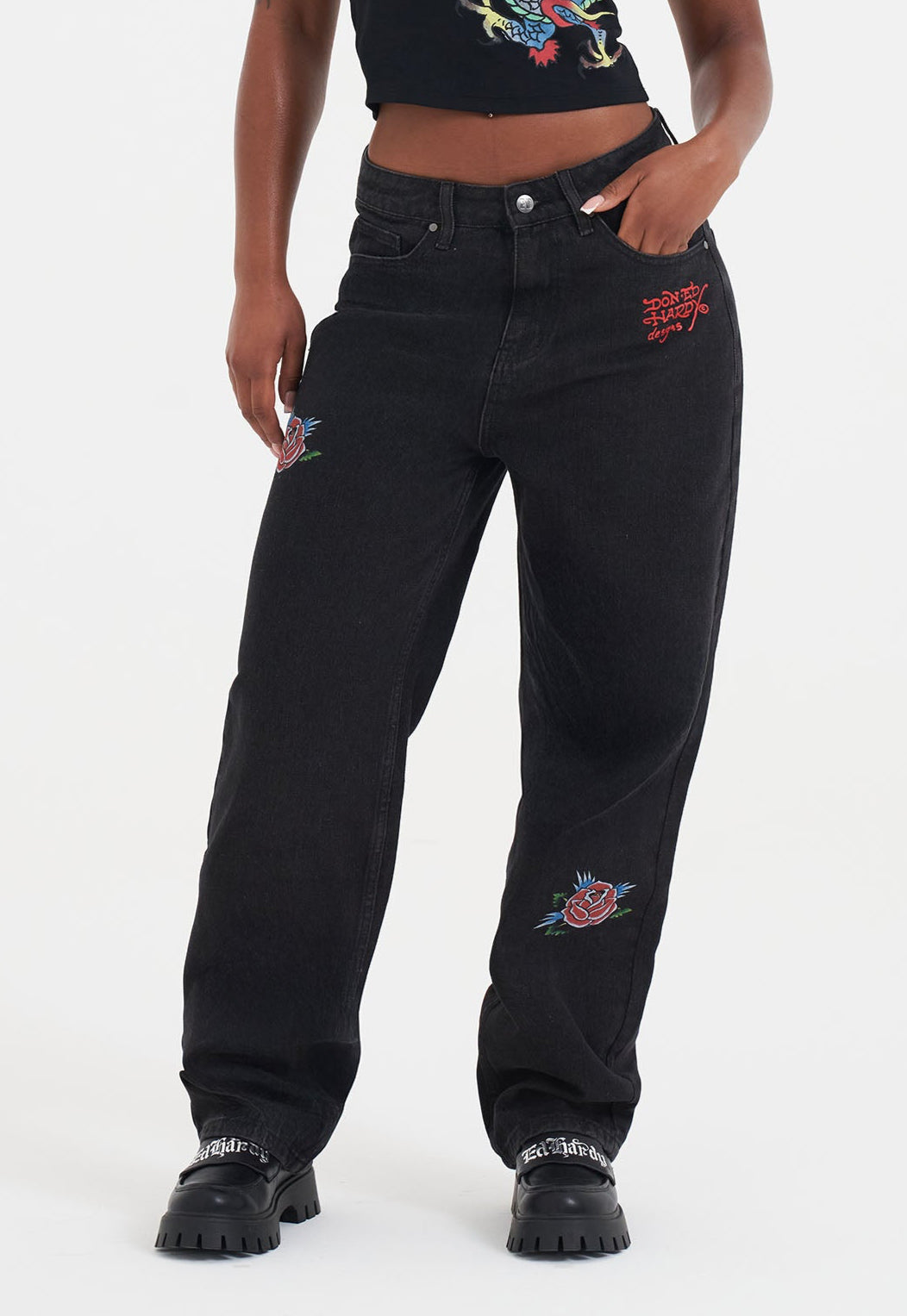 Womens Blooming Death Relaxed Denim Trousers Jeans - Black