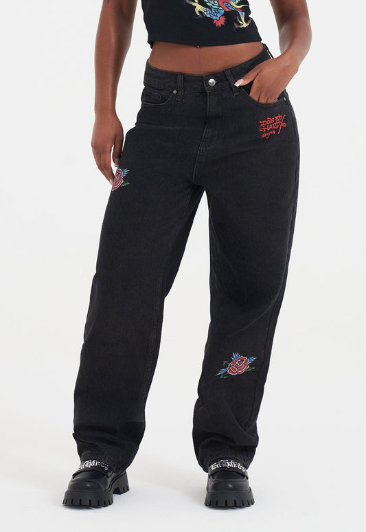 Womens Blooming Death Relaxed Denim Trousers Jeans - Black