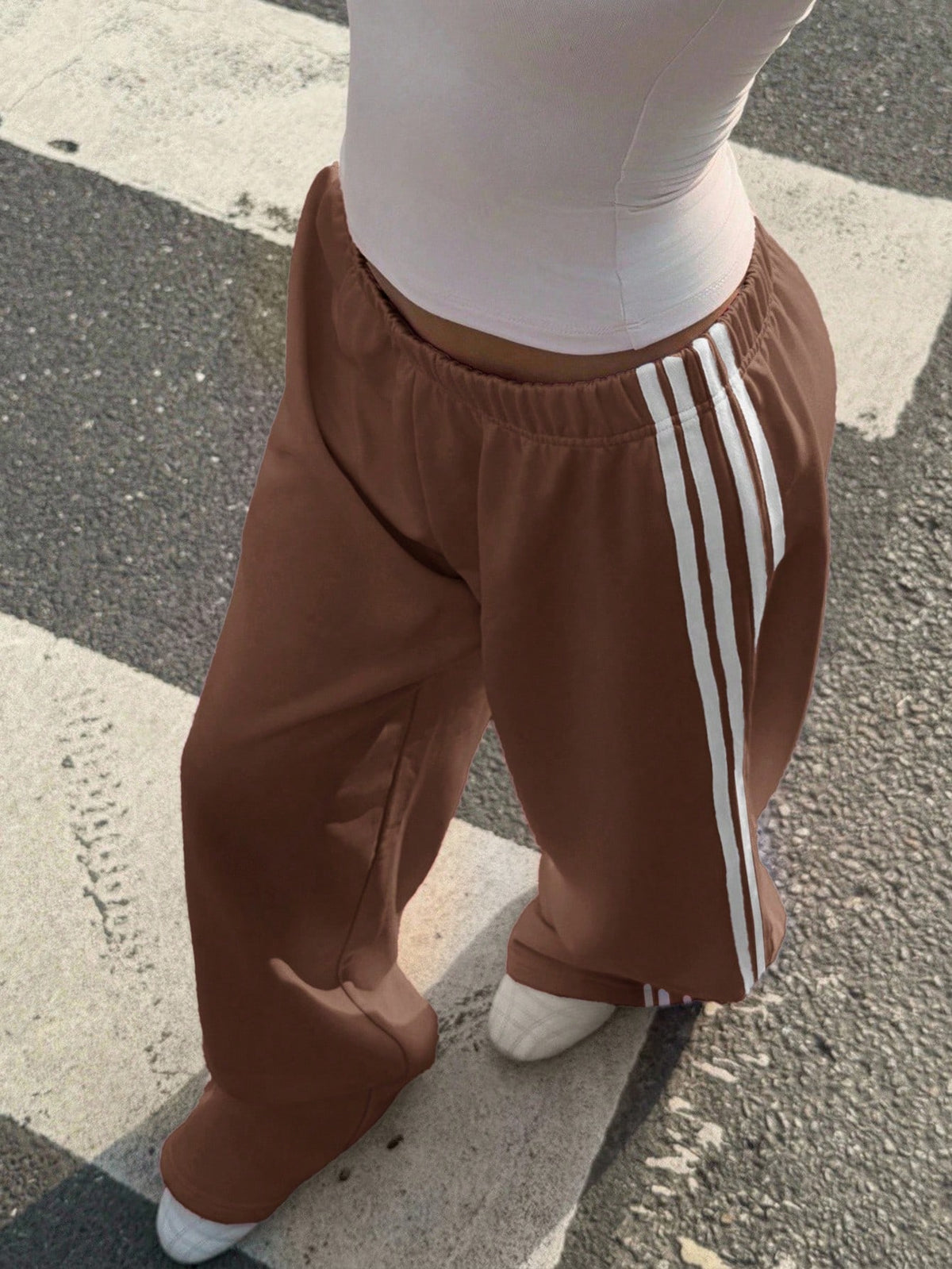 Muchica Women's Chocolate Brown Casual Wide Leg Sweatpants With Side Stripe Detail And Extra Long Knitted Fabric