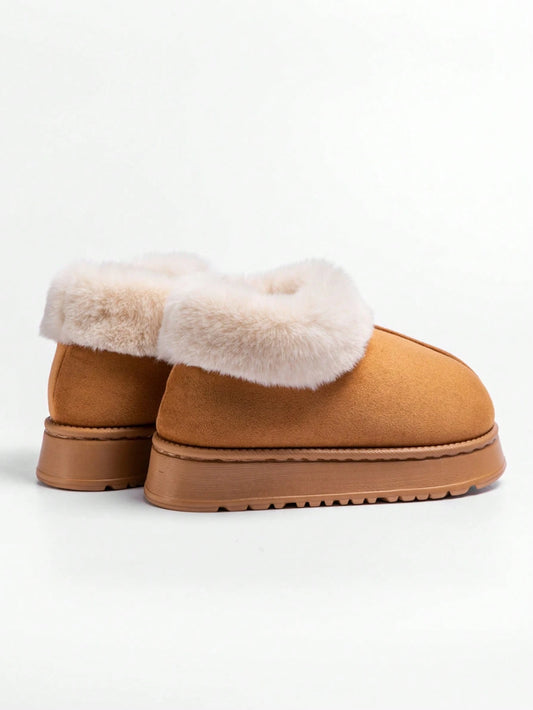 Women's High Heel Warm Slippers For Winter, Plush Lining Solid Color Comfortable Warm Indoor Shoes With Faux Fur Heel