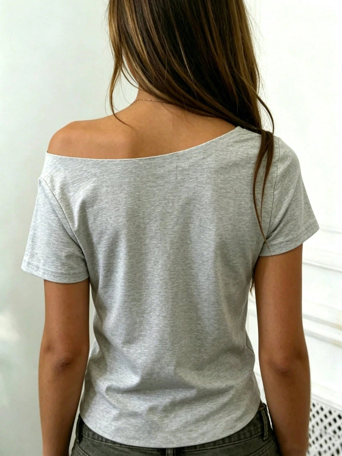 Rovax Fitted Short Solid Color Asymmetric Collar Summer Short Sleeve T-Shirt