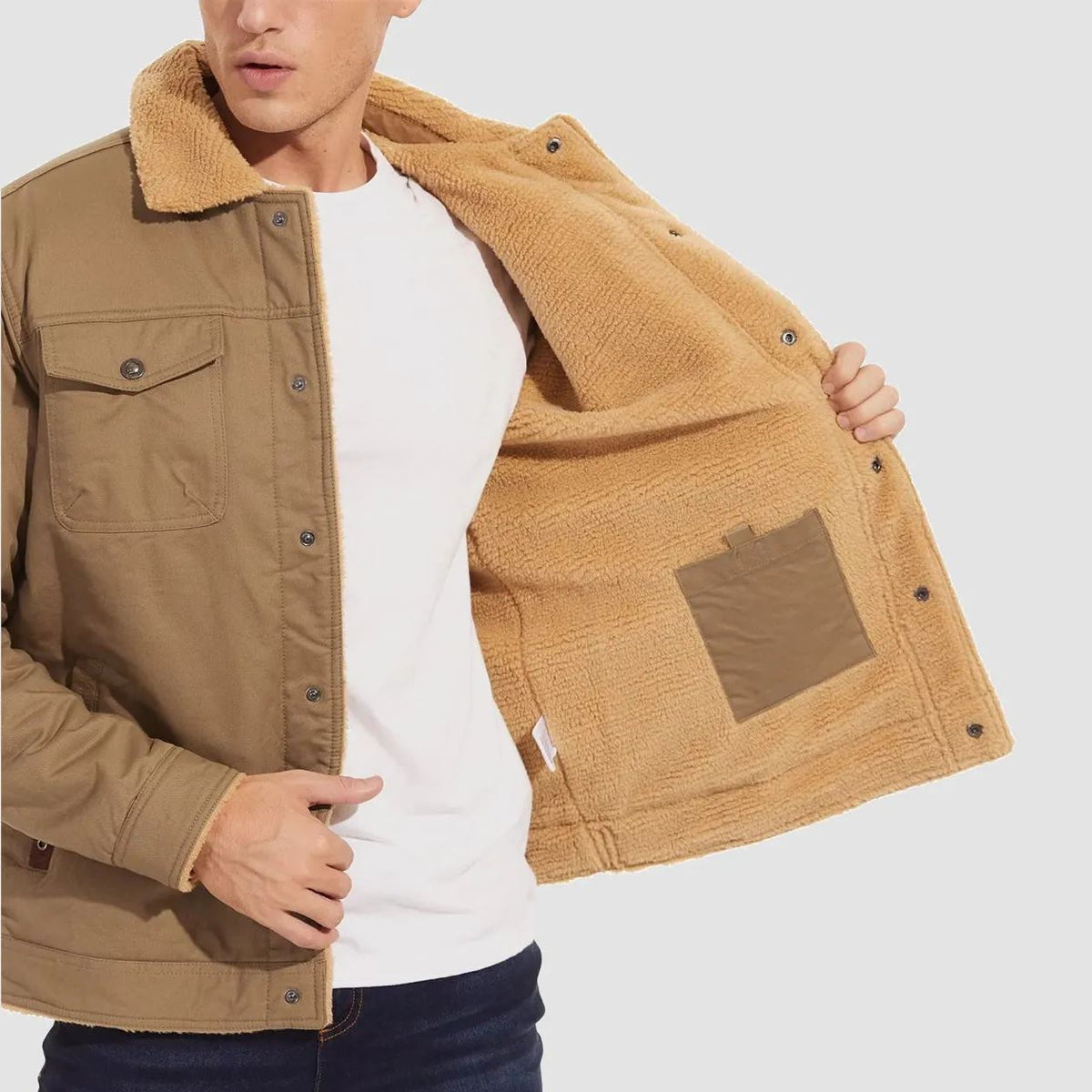 Men's Sherpa Trucker Jacket 5 Pockets Cotton Cargo Jacket Turn-down Collar Winter Coats