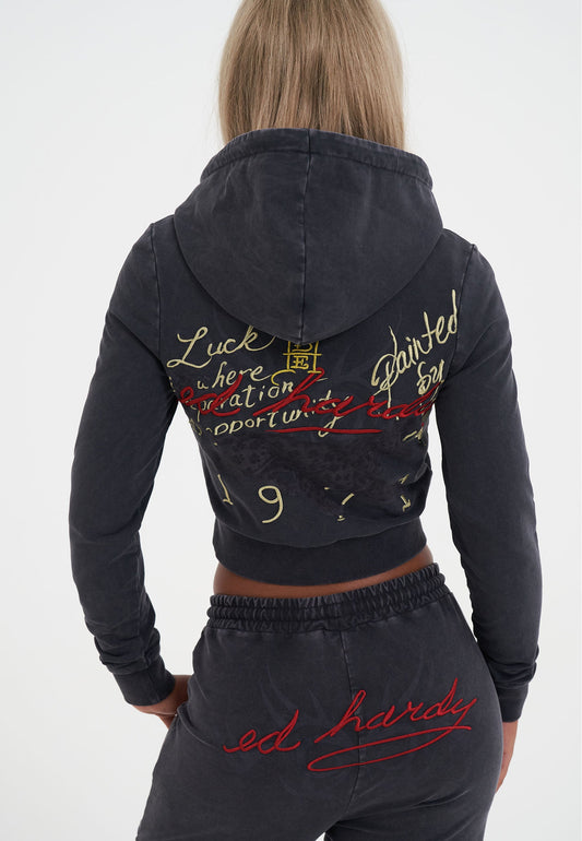 Womens Flaming Tiger Cropped Zip Thru Hoodie - Black