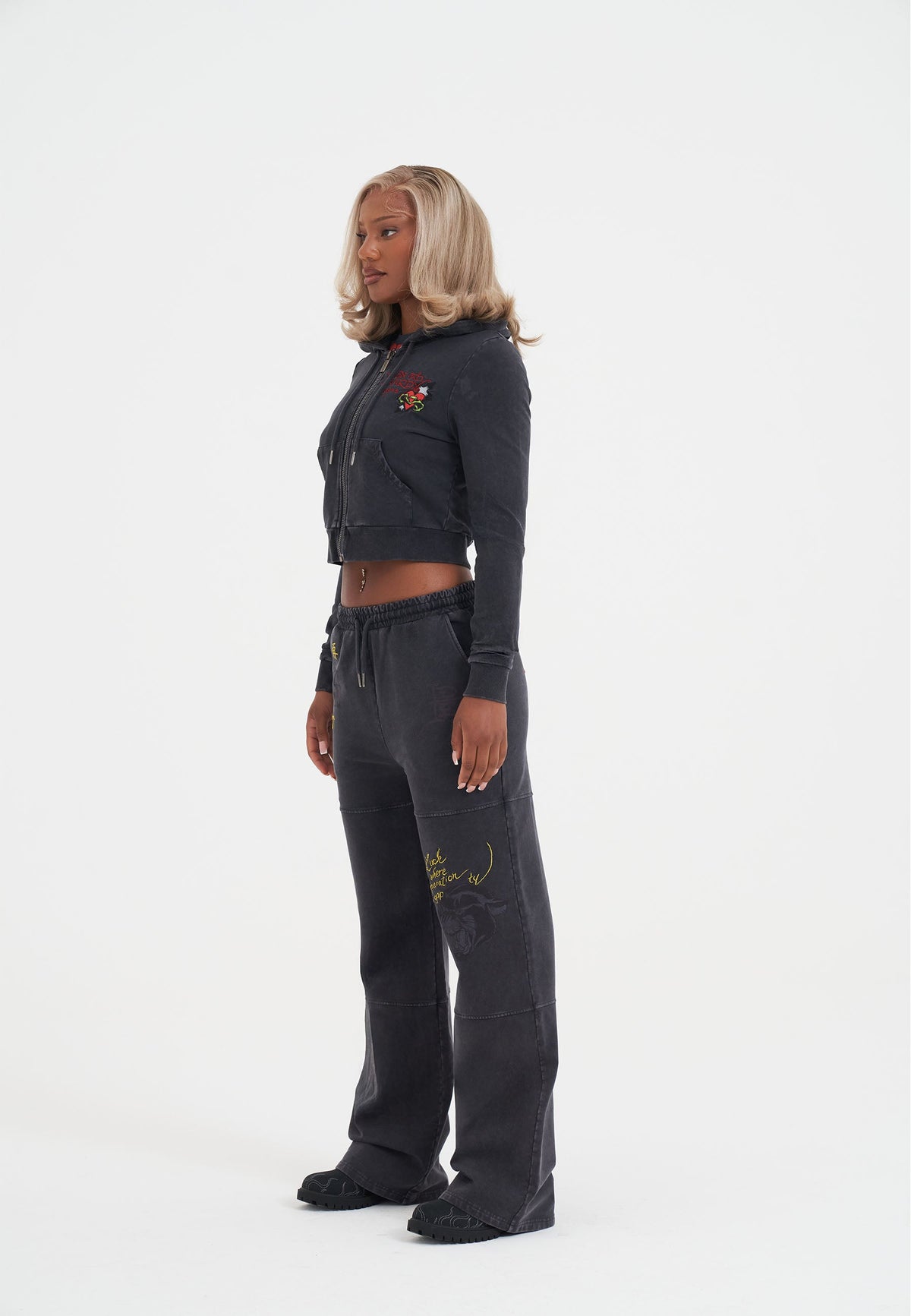 Womens Flaming Tiger Cropped Zip Thru Hoodie - Black