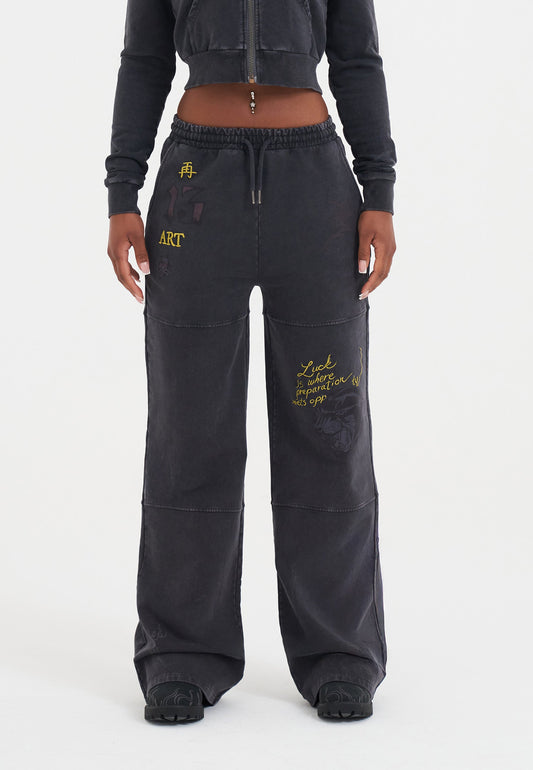 Womens Tattoo Collage Seam Detail Wide Leg Joggers - Black