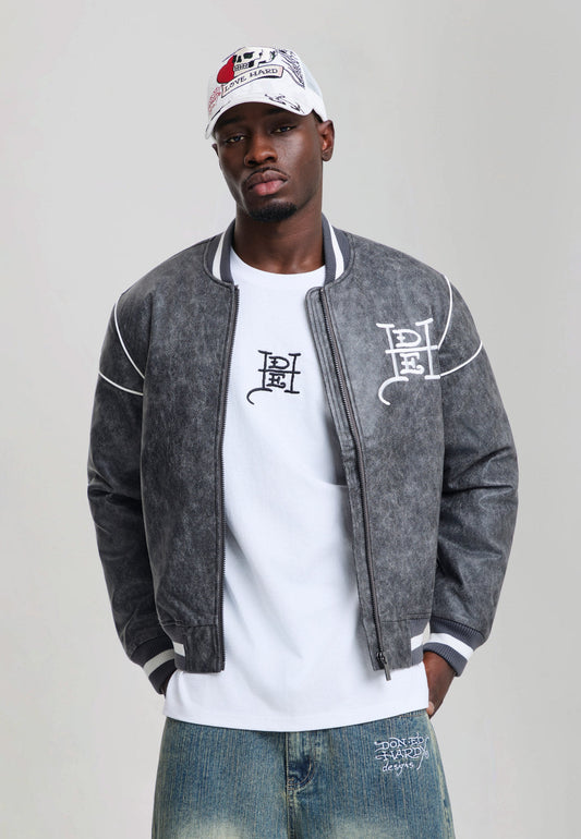 Mens Brave Eagle Pu Relaxed Bomber Jacket - Black