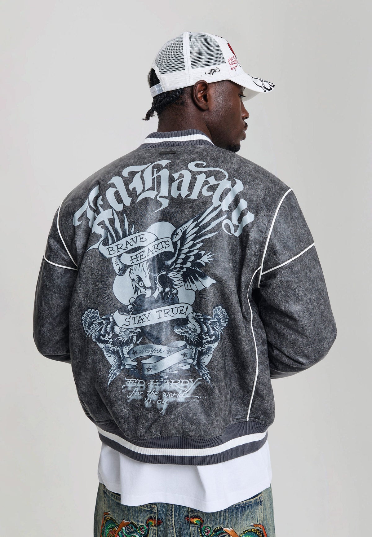 Mens Brave Eagle Pu Relaxed Bomber Jacket - Black