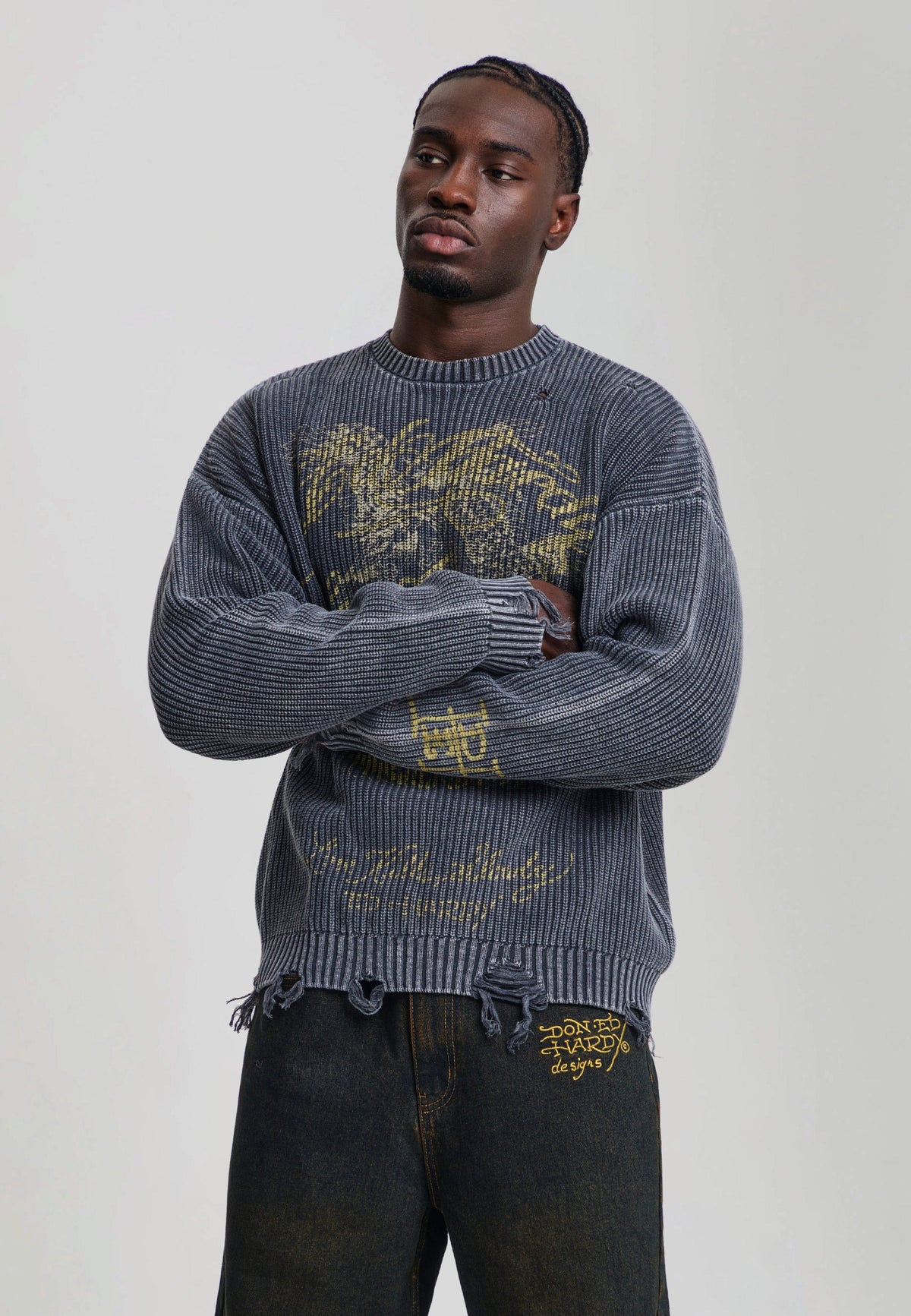 Mens Distressed Los Angeles Knitted Relaxed Crew Jumper - Black