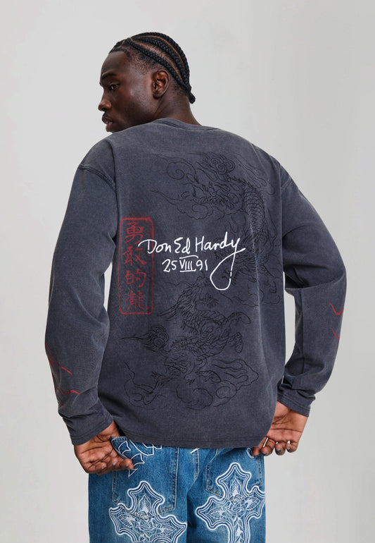 Mens Flying Twin Dragon Graphic Long Sleeve Relaxed T-Shirt - Black