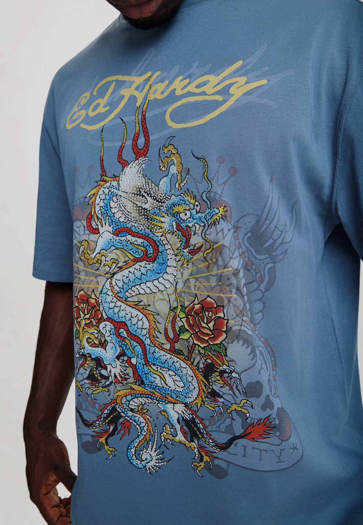Mens Dragon City Diamante Graphic Relaxed T-Shirt - Blue