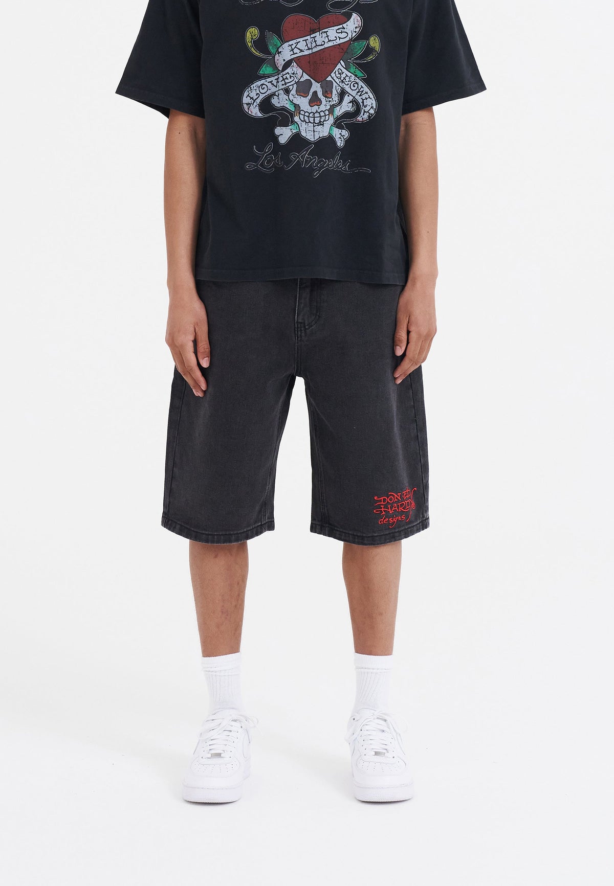 Mens Battle Dragon Denim Jorts Shorts - Washed Black