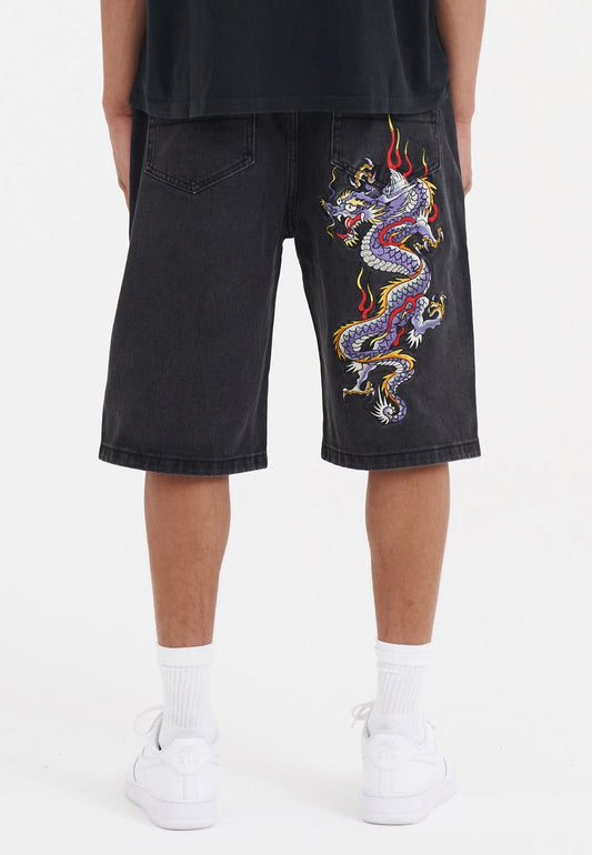 Mens Battle Dragon Denim Jorts Shorts - Washed Black