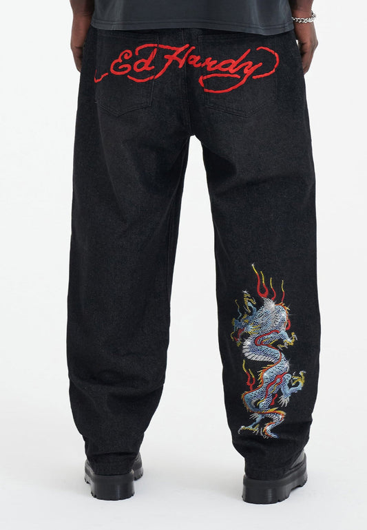 Mens Battle-Dragon Diamante Denim Trousers Jeans - Black