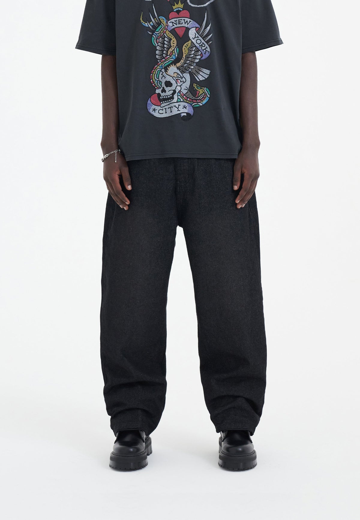 Mens Battle-Dragon Diamante Denim Trousers Jeans - Black