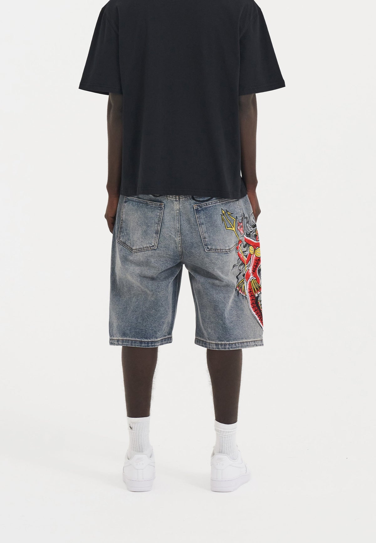 Mens Devil Mermaid Denim Jorts Shorts - Blue