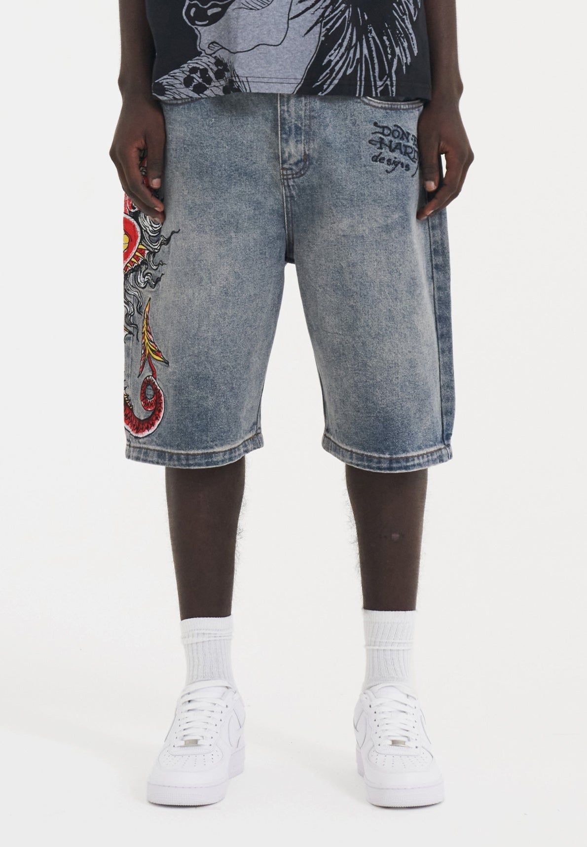 Mens Devil Mermaid Denim Jorts Shorts - Blue