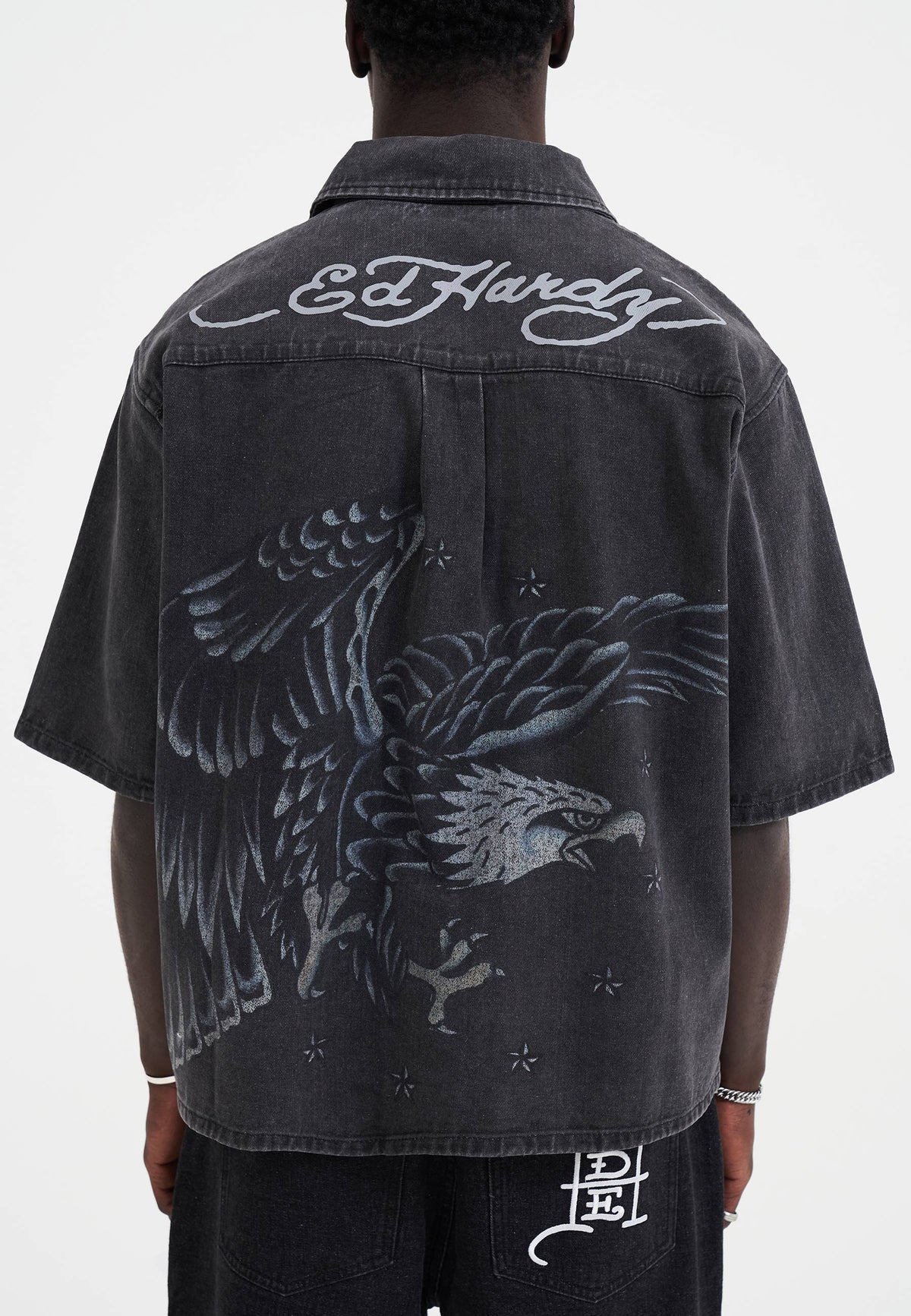 Mens Eagle And Stars Relaxed Denim Shirt - Black