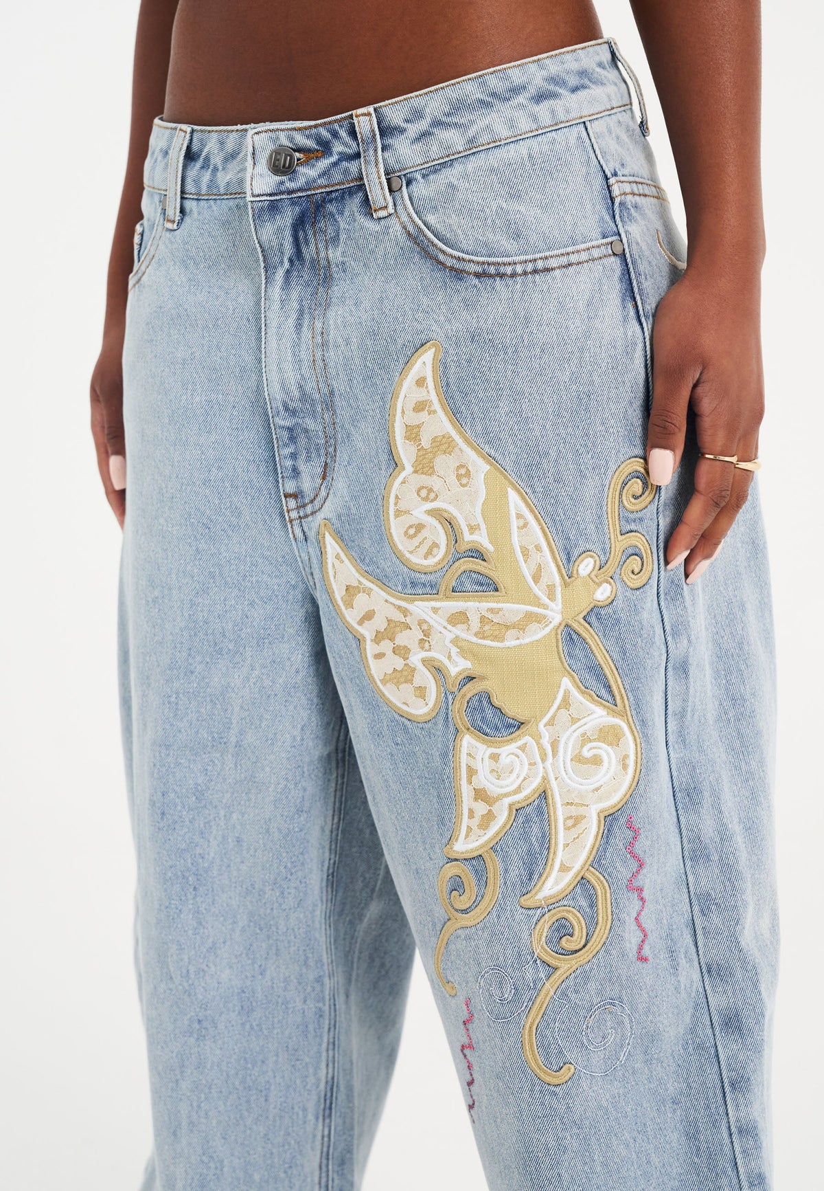 Womens Antique Butterfly Xtra Denim Trousers Jeans - Mid Blue