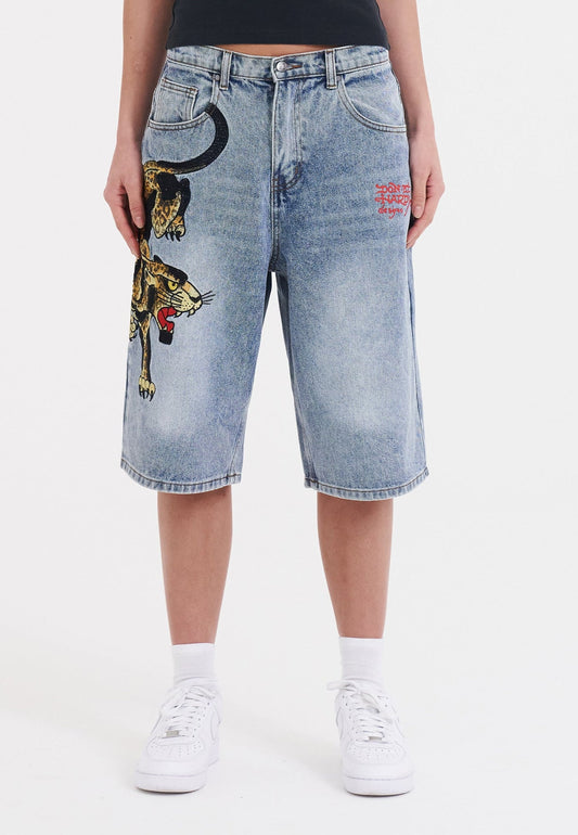 Womens Panther Crawl Relaxed Denim Jorts Shorts - Bleach