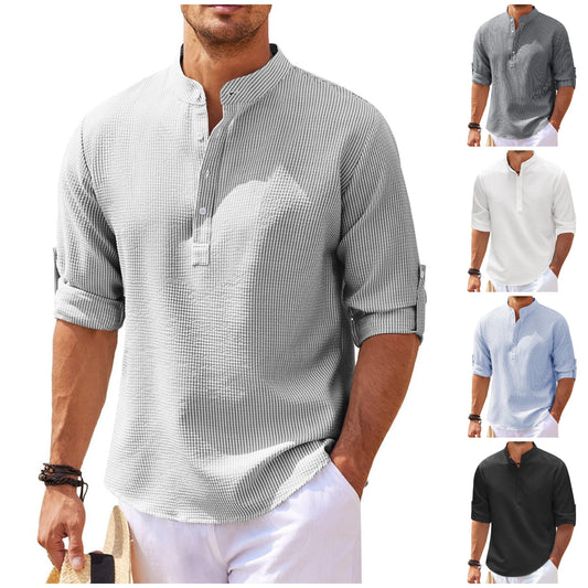 Men's Stand Collar Open Button Shirt Casual Shirt Tops