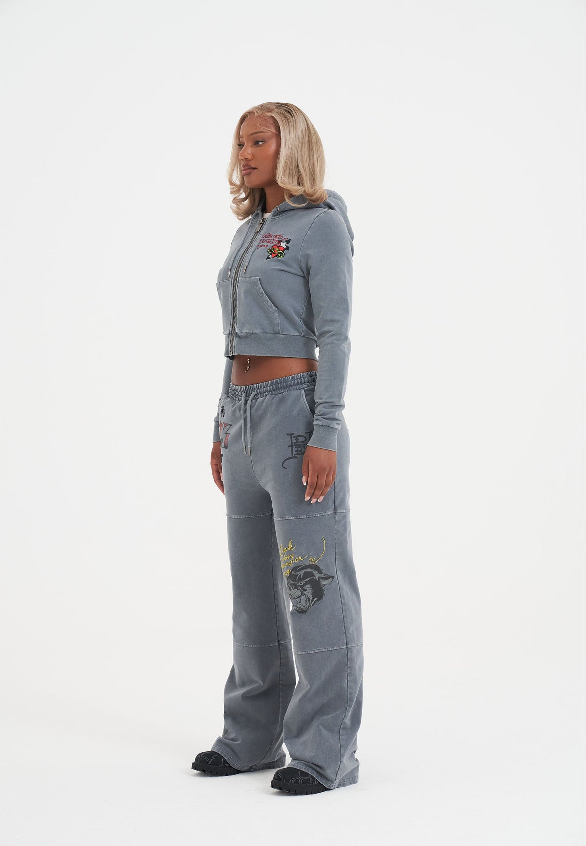 Womens Flaming Tiger Cropped Zip Thru Hoodie - Charcoal