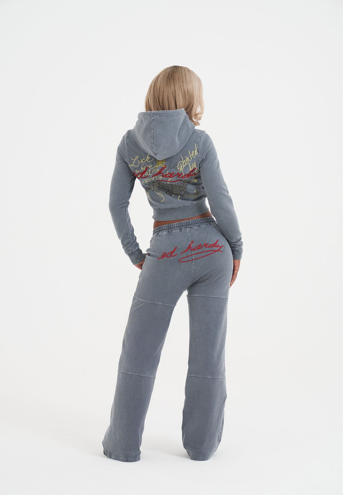 Womens Tattoo Collage Seam Detail Wide Leg Joggers - Charcoal